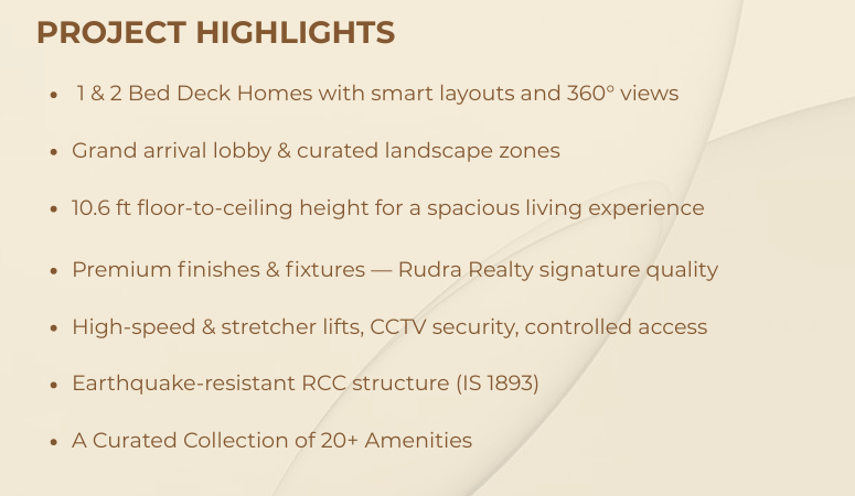 Project highlights of Rudra Starlight Codeword Life 360 Kandivali West showcasing premium deck homes and landmark tower design